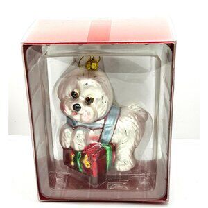White Dog Christmas Ornament With Box - Hand-Painted Glass Figurine